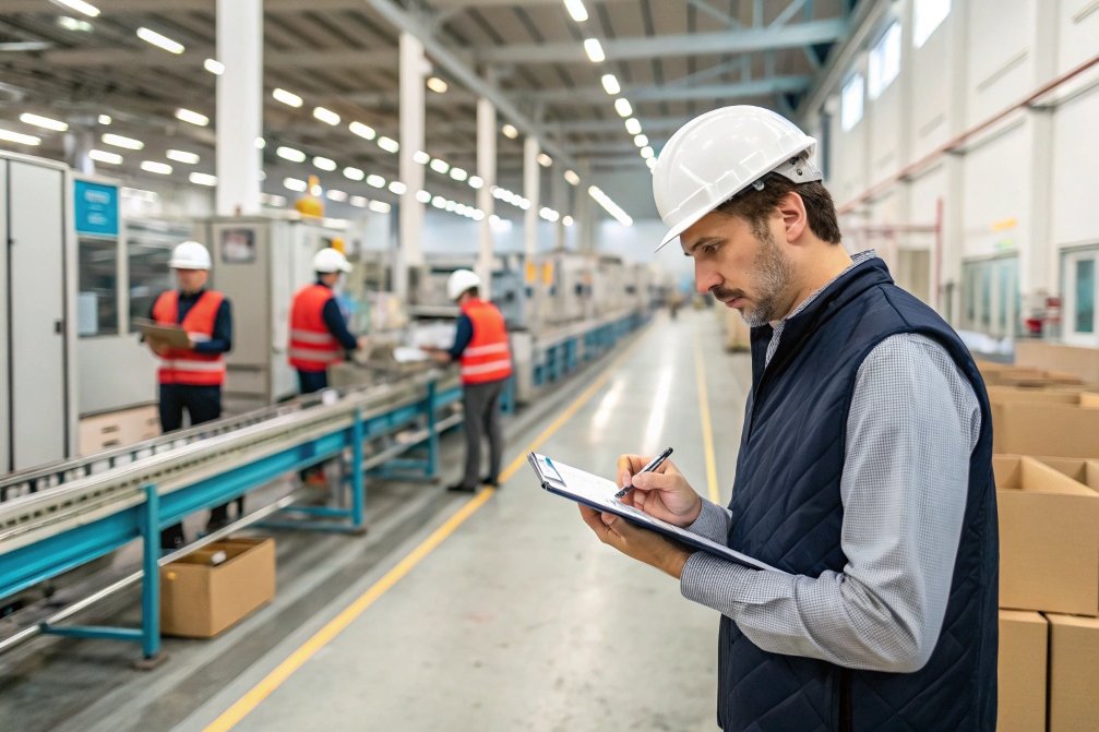 inspection, worker, factory, checklist Factory worker inspecting production line with checklist
