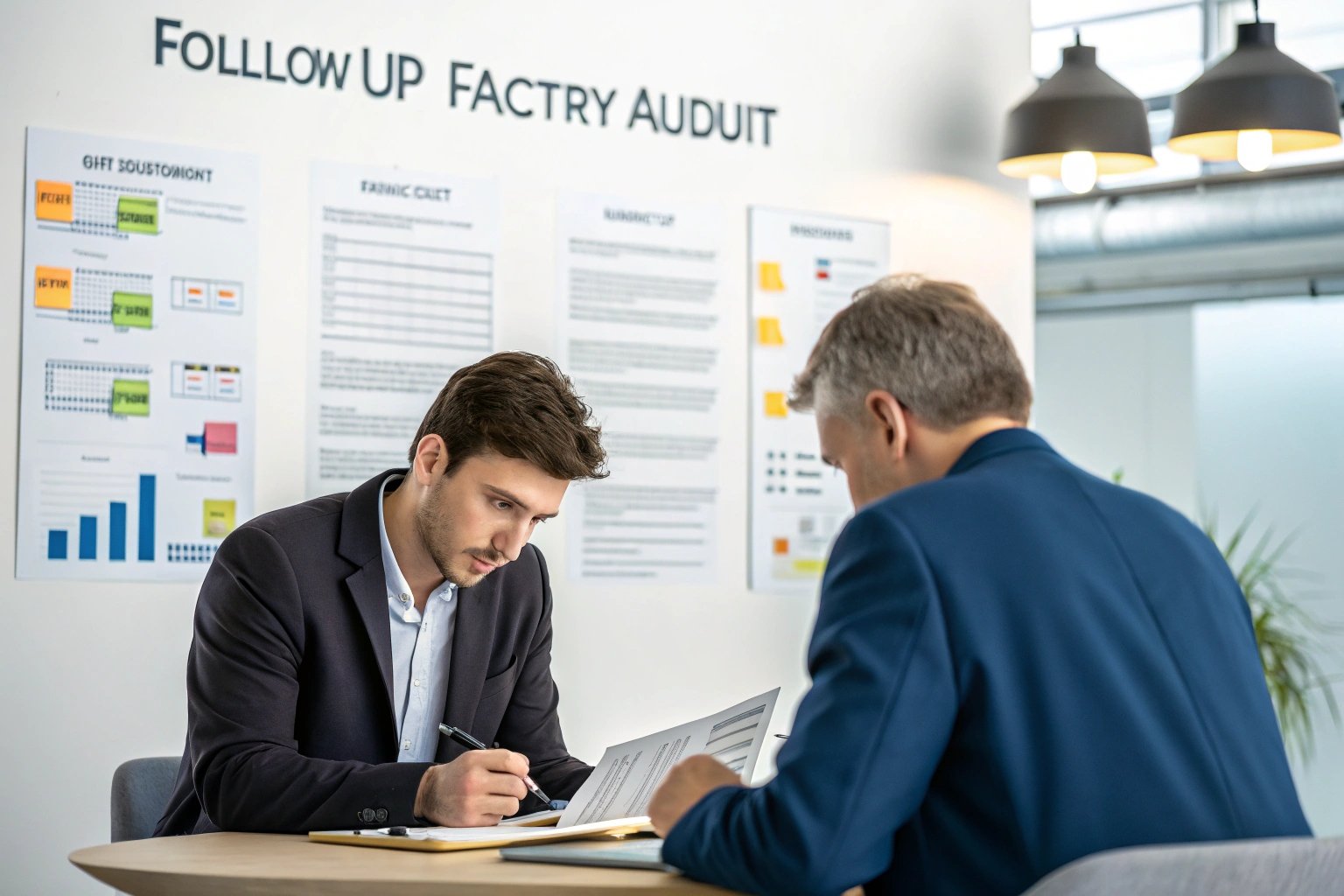 business meeting, factory audit Two men discussing factory audit report