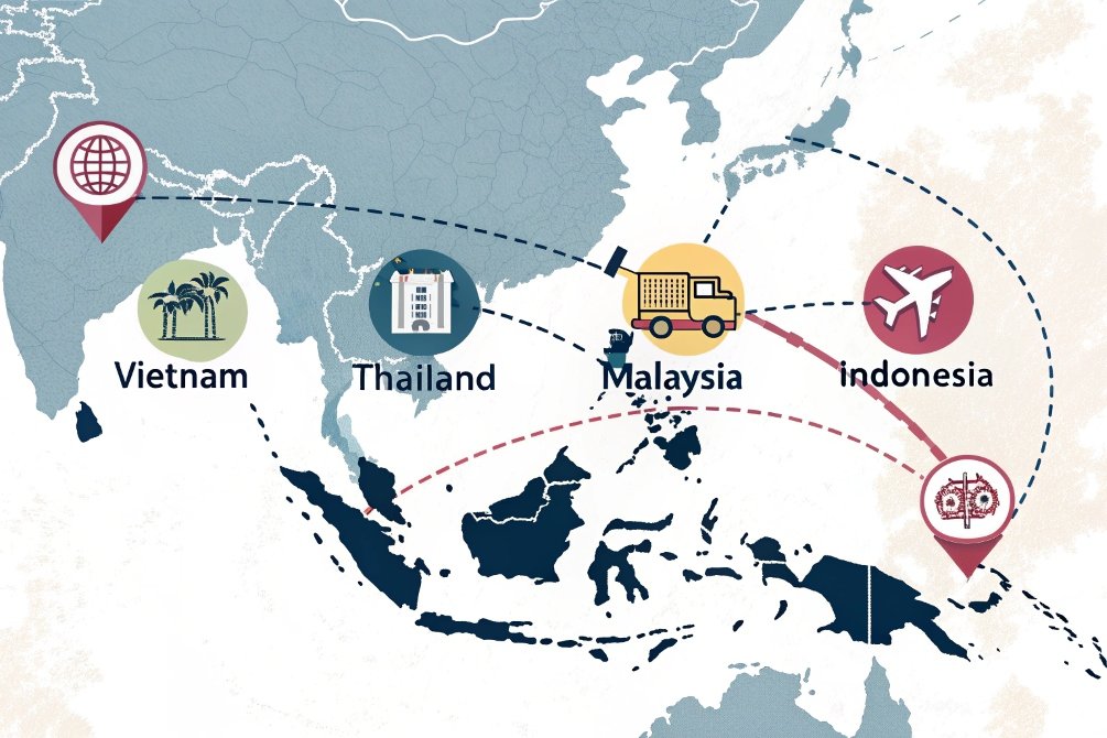 Southeast Asia trade route infographic with industry icons