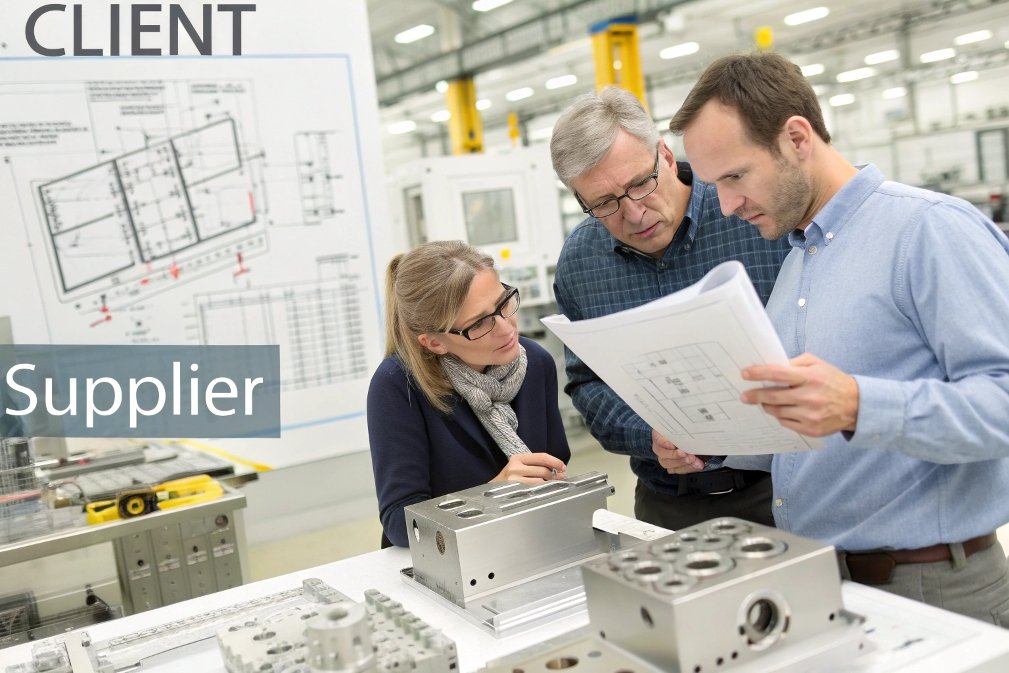Client and supplier reviewing parts and blueprints