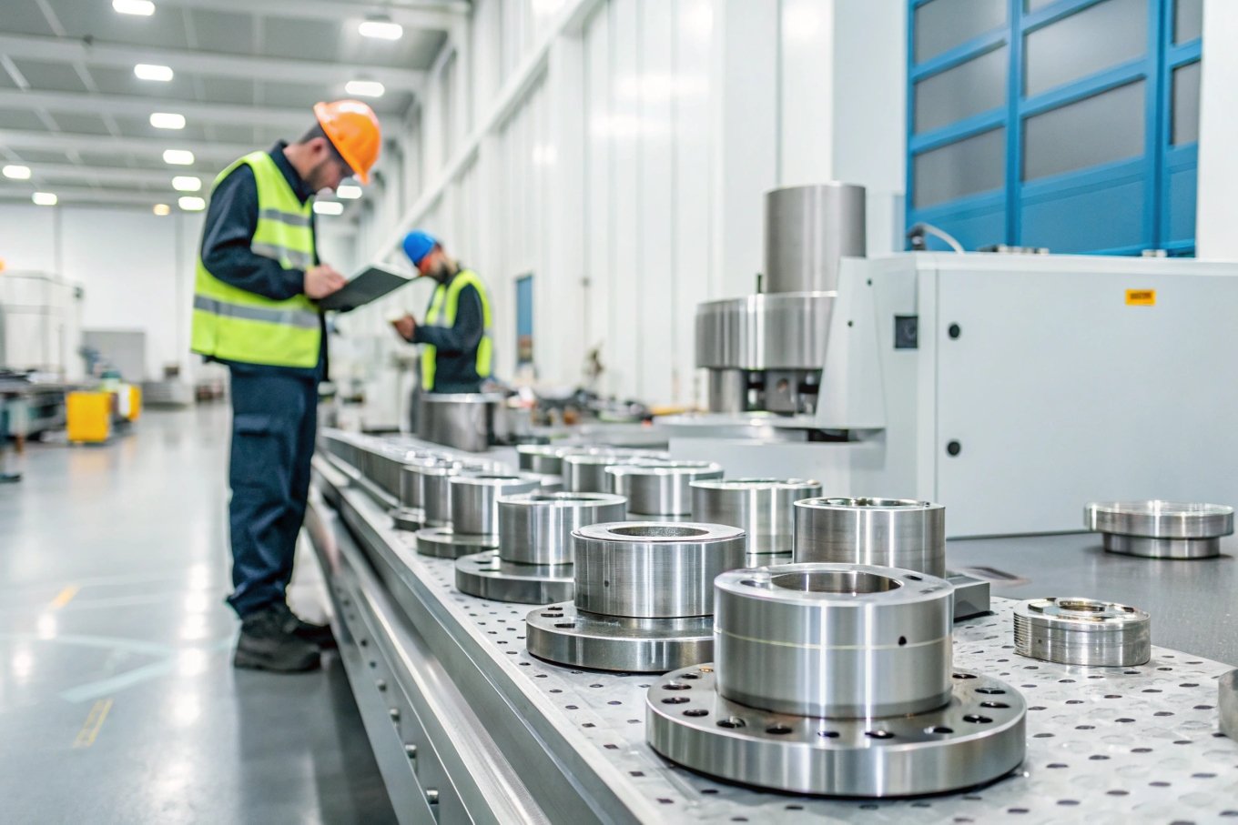 workers inspecting metal components in factory