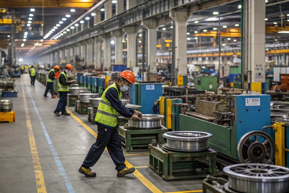 workers in safety gear inspecting production line in factory