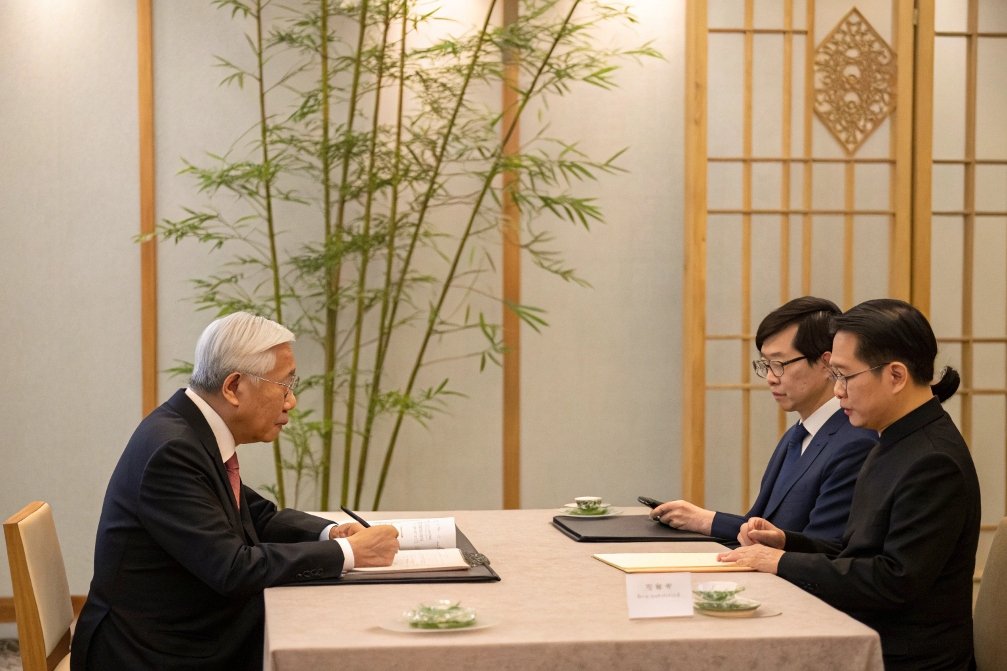 business meeting, people interacting Meeting between two men and two others sitting at a table