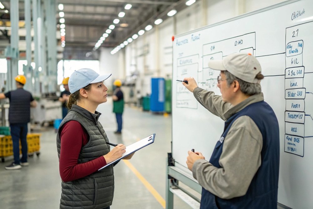 engineers planning production on whiteboard