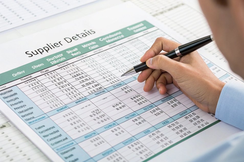 reviewing supplier details sheet on desk