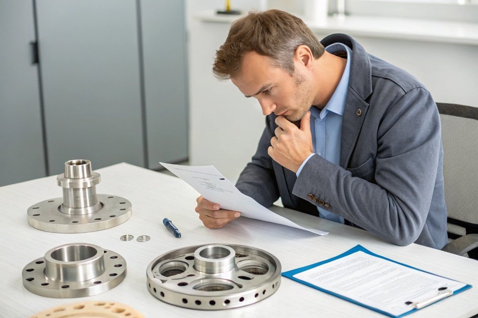 engineer analyzing metal components and technical document