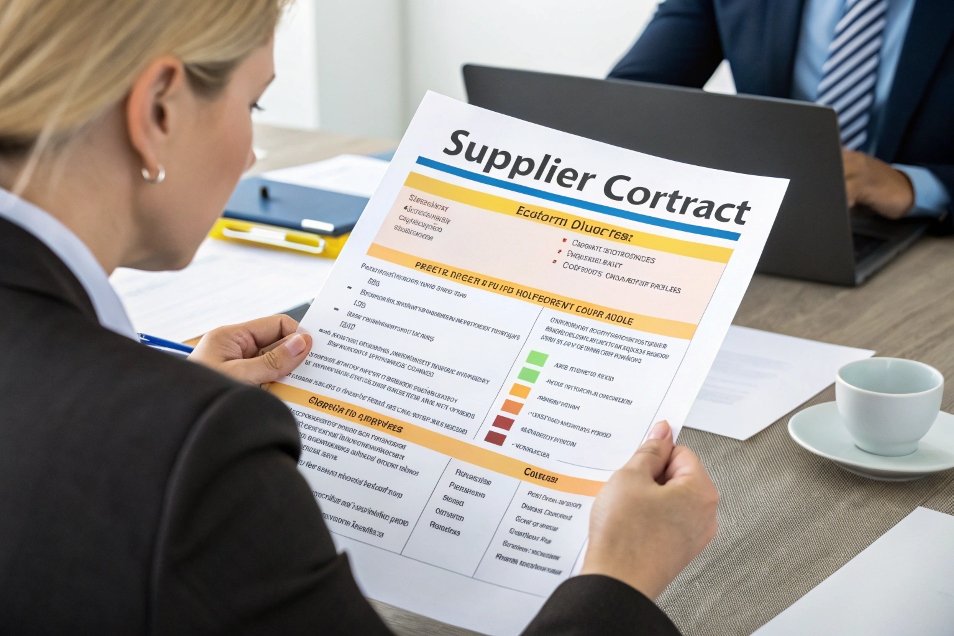 businesswoman reading supplier contract in office