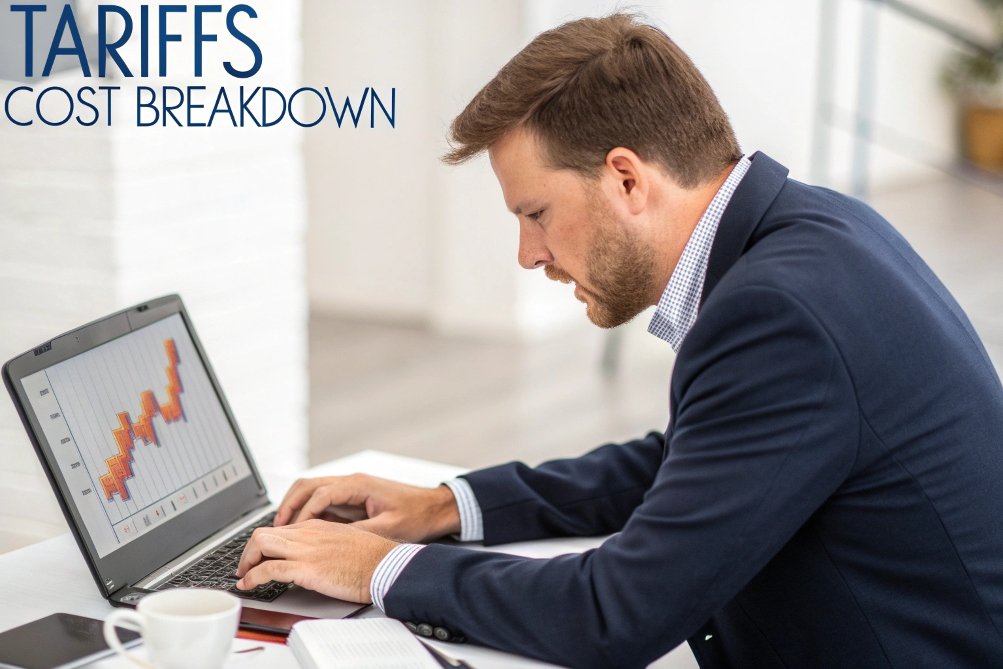 businessman analyzing tariff cost breakdown on laptop
