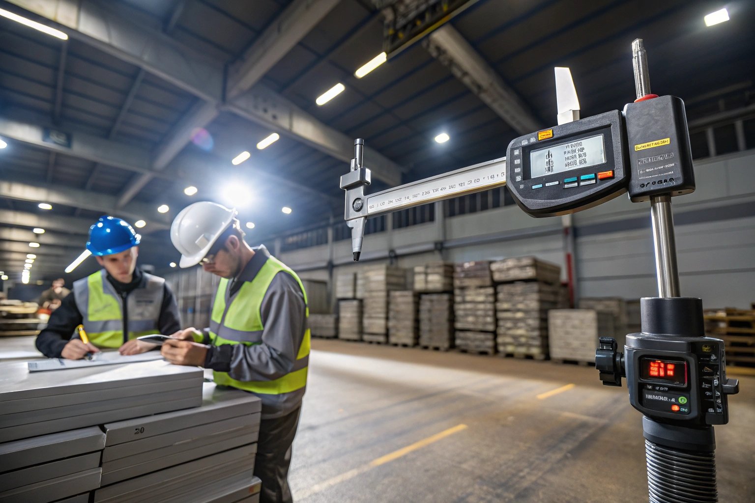workers, measurement, factory, equipment Two workers measuring materials in factory