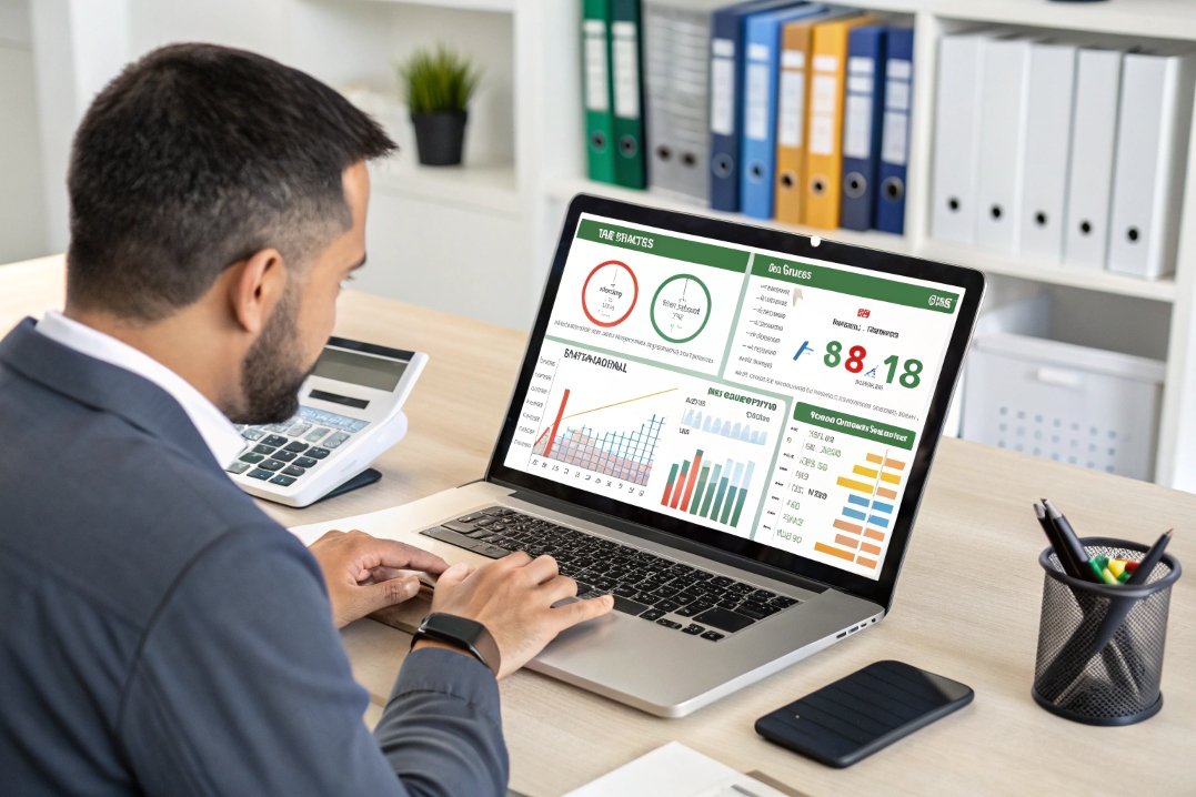 business professional analyzing data on laptop