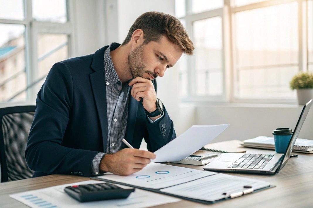 business professional reviewing documents in office