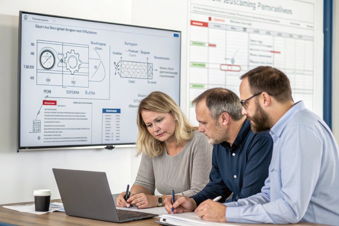 engineers reviewing technical plans in office