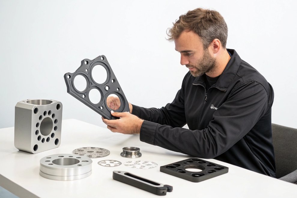 man examining part design man working with mechanical components, examining part design