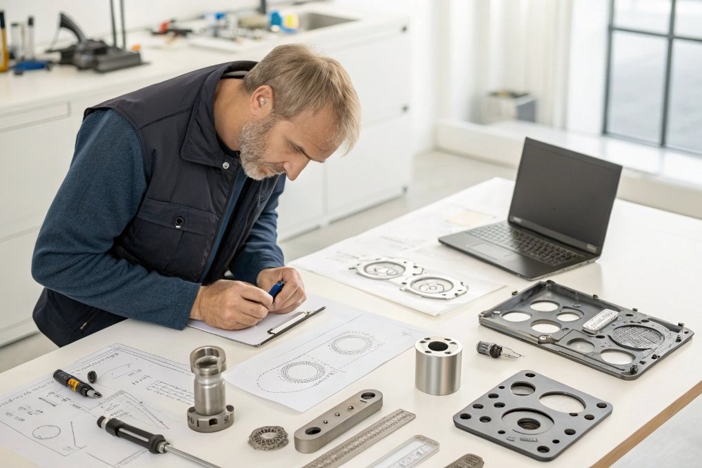 engineer inspecting mechanical parts engineer inspecting mechanical parts and blueprints, industrial design