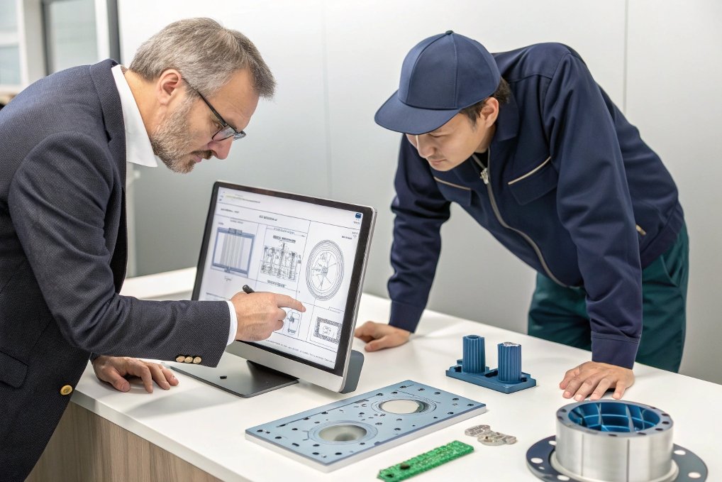 manager reviewing design on screen manager and engineer reviewing mechanical design on screen