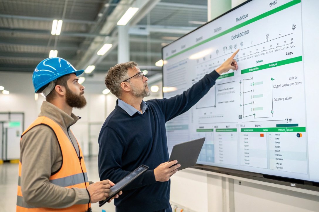 engineer analyzing data, digital display in factory