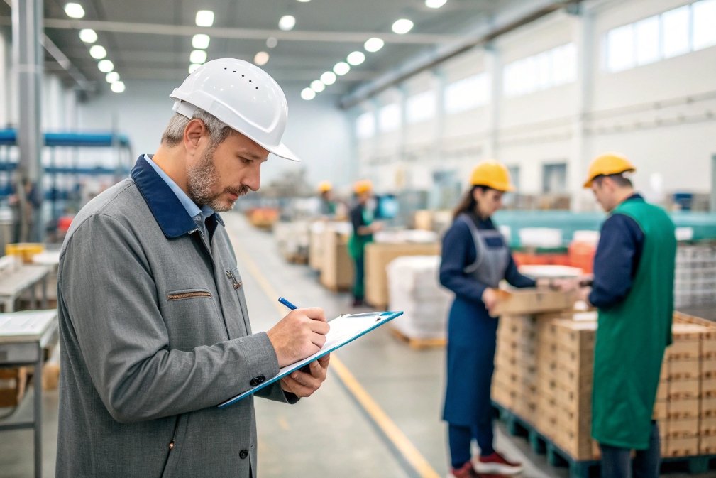 inspection, manager, factory, checklist Factory manager inspecting production line with checklist