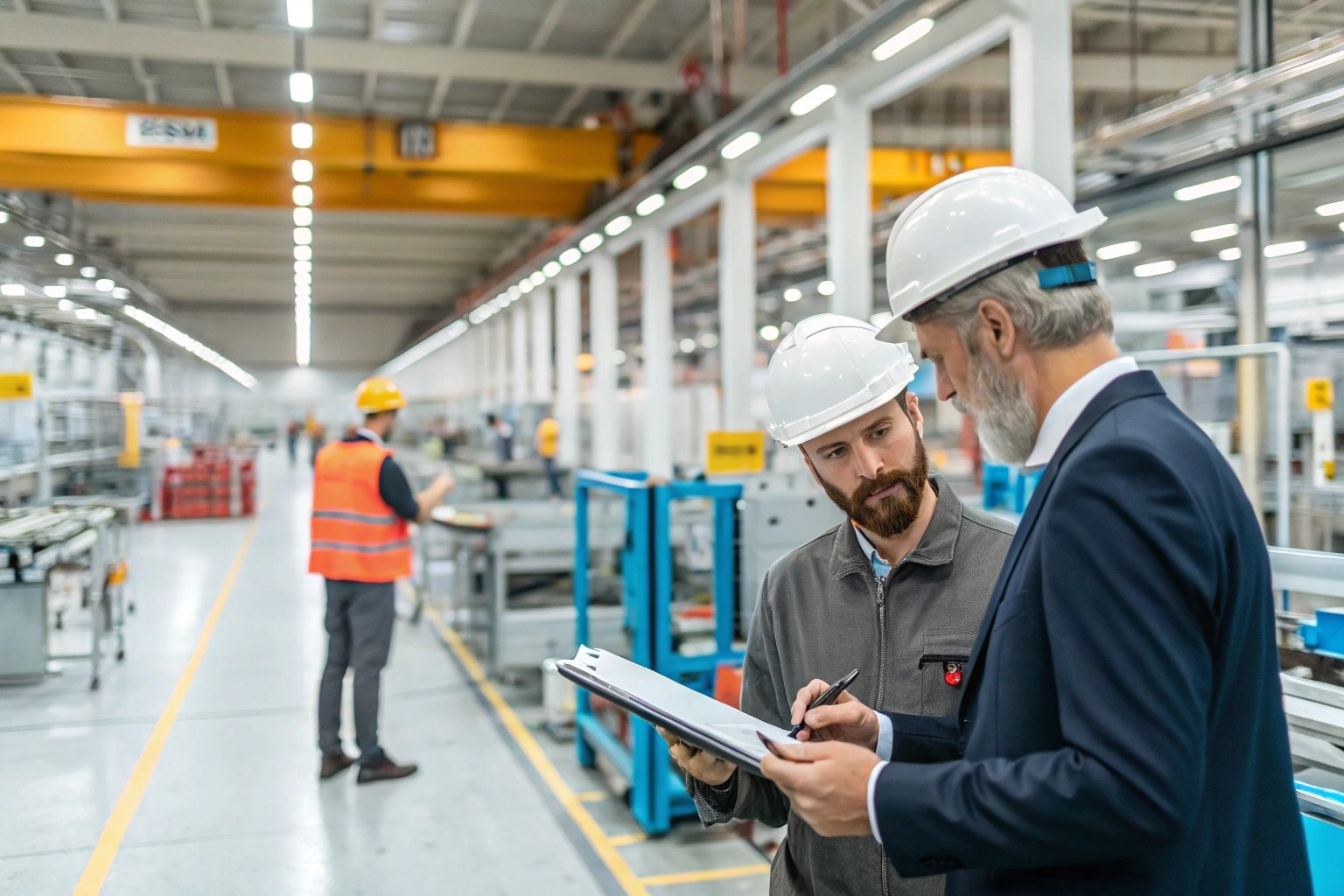 engineers discussing factory workflow, wearing helmets and checking plans