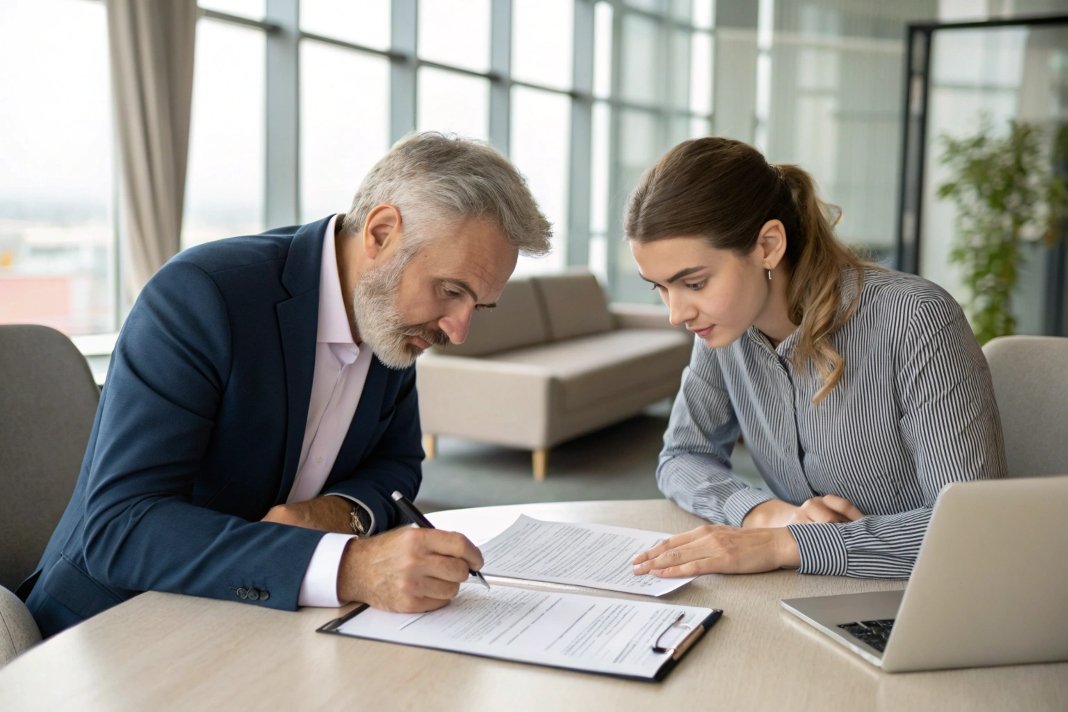 business professionals discussing and signing documents