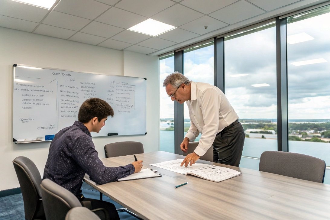 engineers discussing blueprints, office meeting