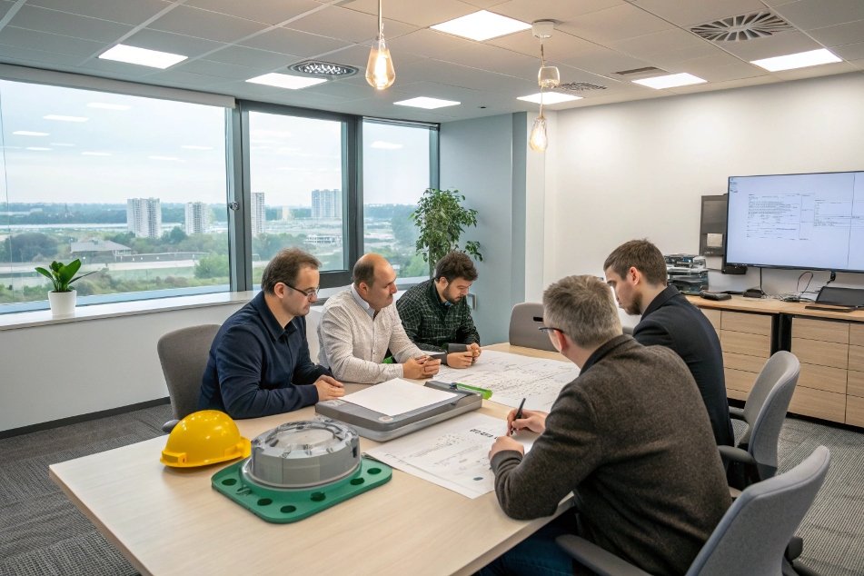 team discussing engineering project with technical drawings