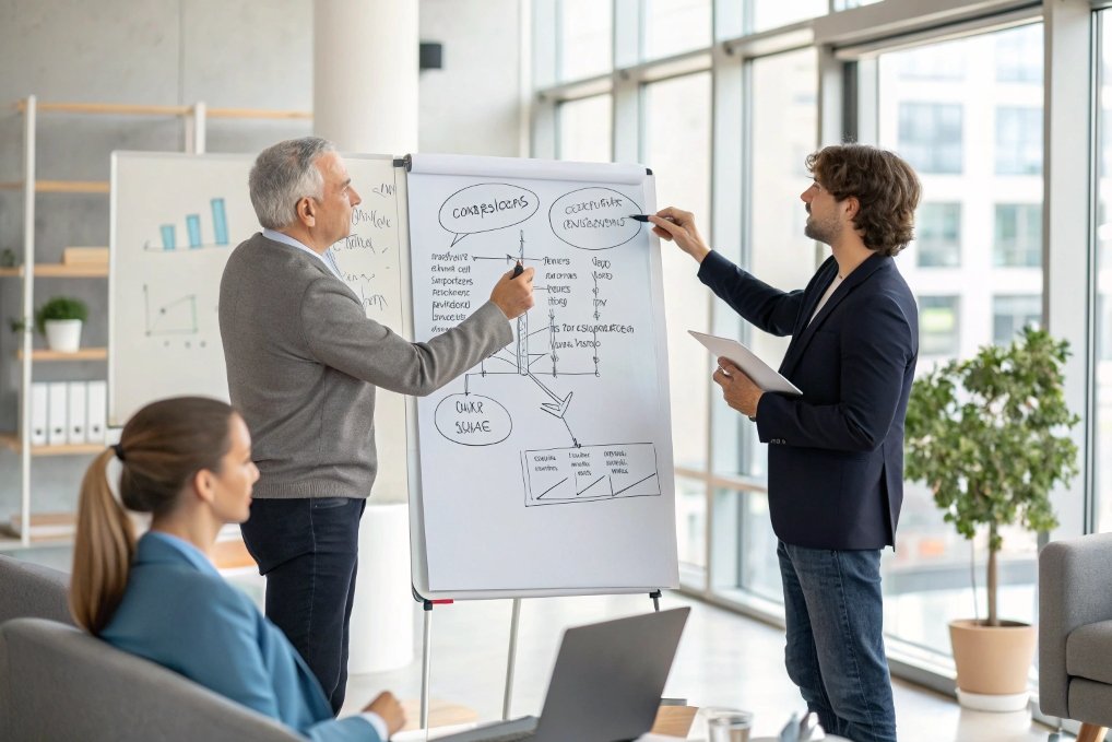 business team discussing flowchart in meeting room