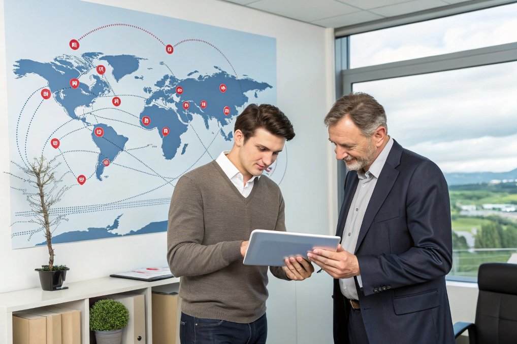 global supply chain, virtual map and meeting