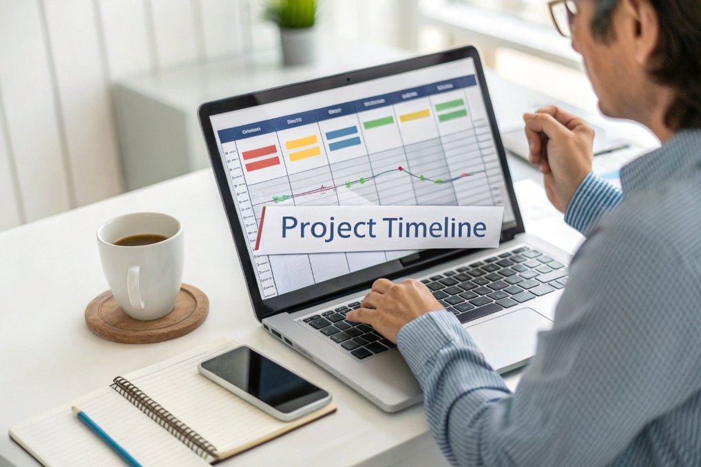 project timeline, schedule analysis project timeline, work progress on laptop