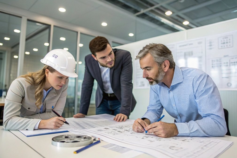 Engineers discussing blueprints for mechanical design