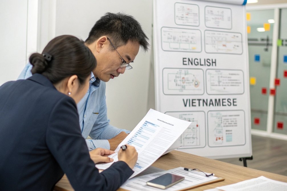 Two colleagues discussing documents with a language chart
