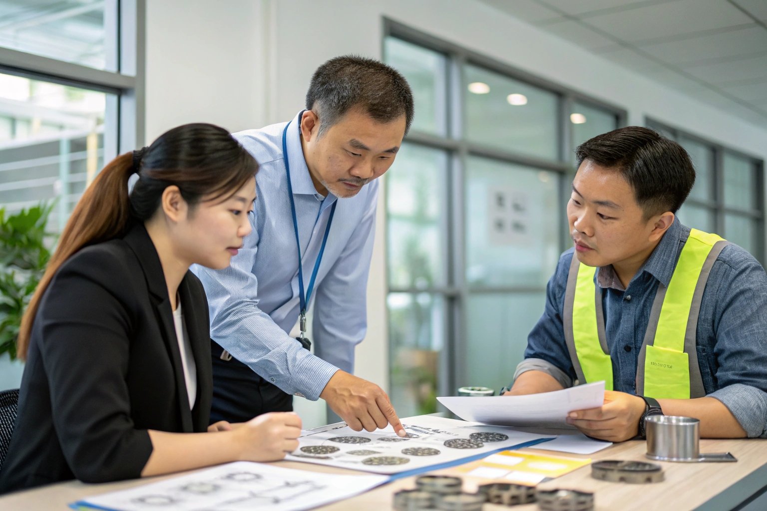 Team reviewing technical plans in the manufacturing process