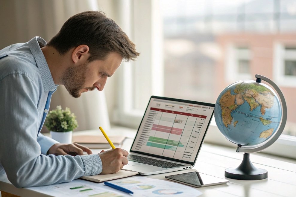 business planning, man analyzing data on laptop