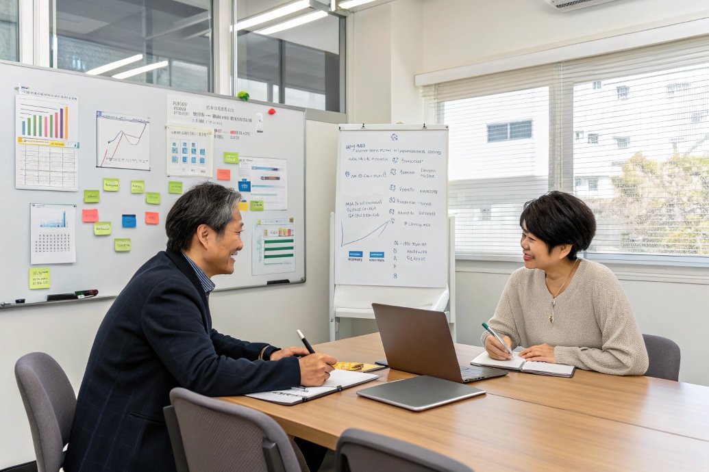 business colleagues discussing data analysis, charts on whiteboard