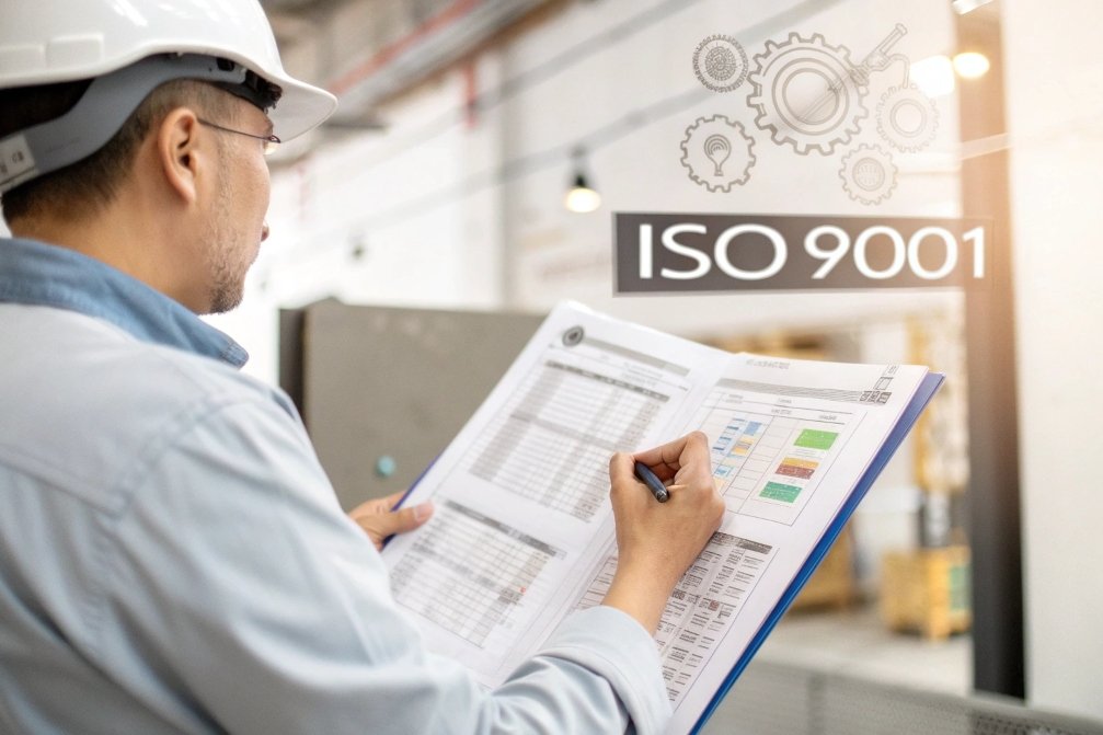 engineer, ISO 9001, checklist, standards Engineer reviewing ISO 9001 quality standards checklist