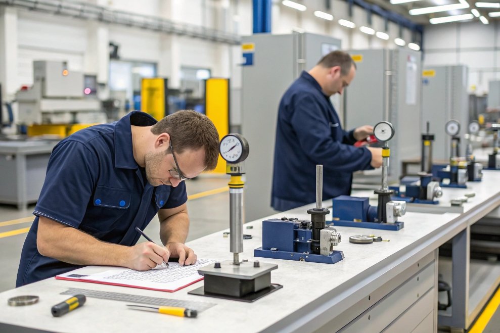 precision engineering, worker using measurement tools precision engineering, worker using measurement tools