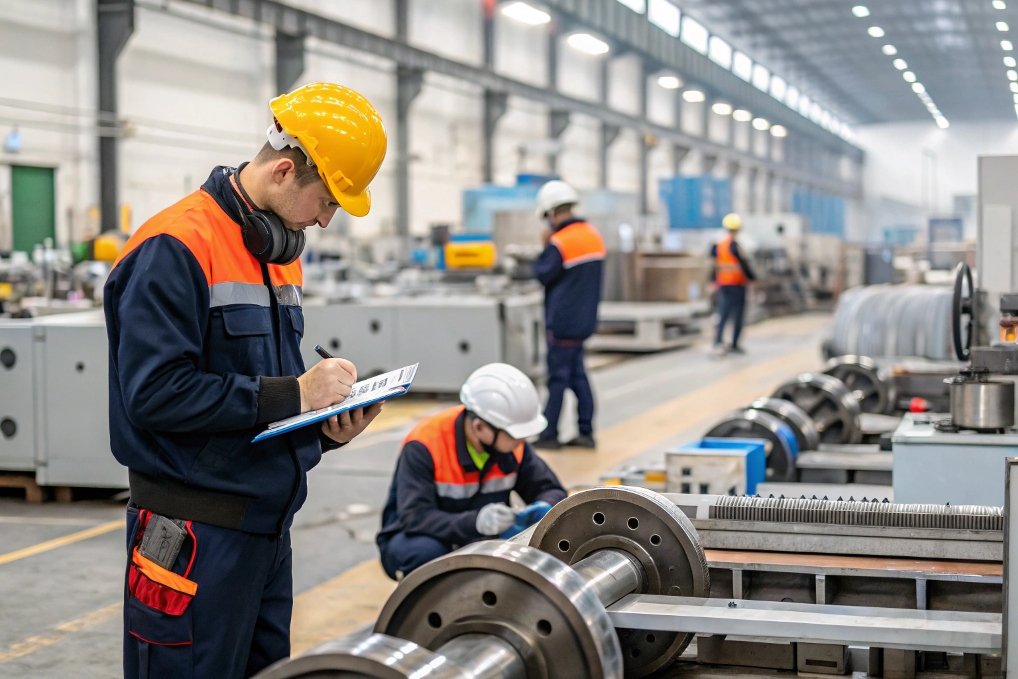 workers reviewing technical components in factory environment