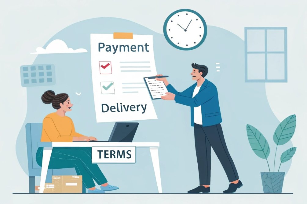 Cartoon illustration of payment and delivery terms on a chart