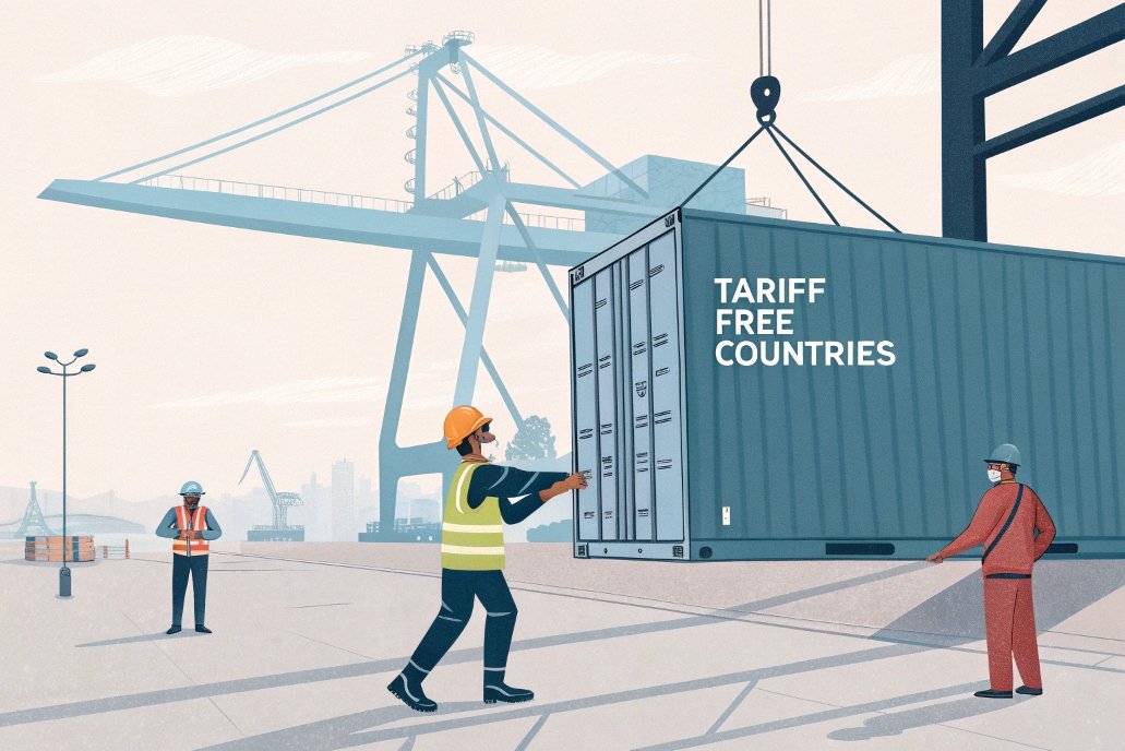 illustration of workers unloading tariff free container