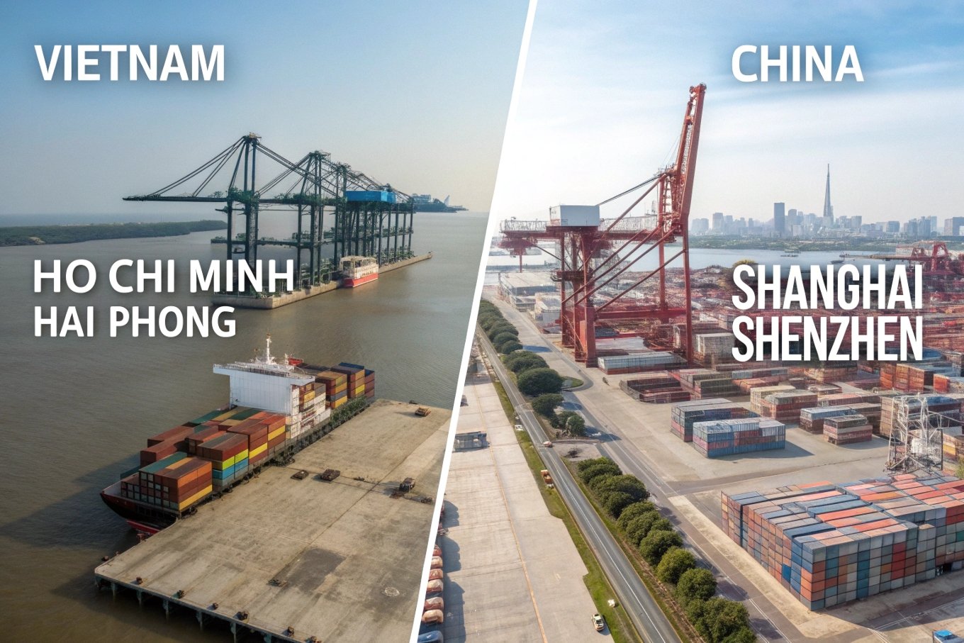 Vietnam vs China ports, Ho Chi Minh, Hai Phong, Shanghai, Shenzhen