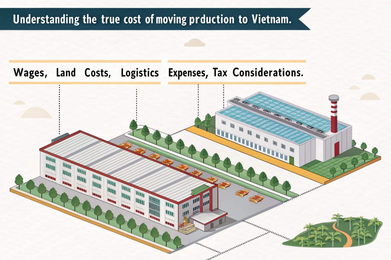 Cost comparison of moving production to Vietnam, infographic with factory layout