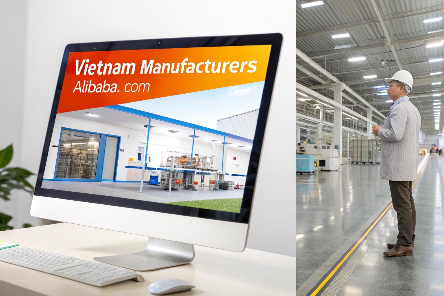 computer showing manufacturer listing, factory worker in large factory