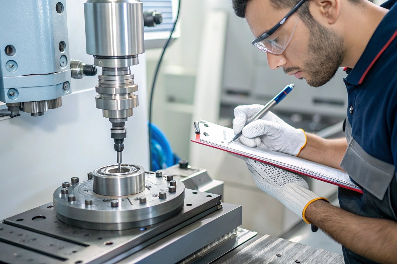 technician checking mechanical part with CNC machine