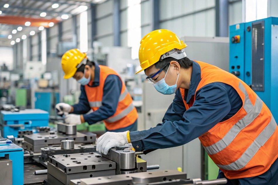 employees working on assembly line in factory, focusing on tasks