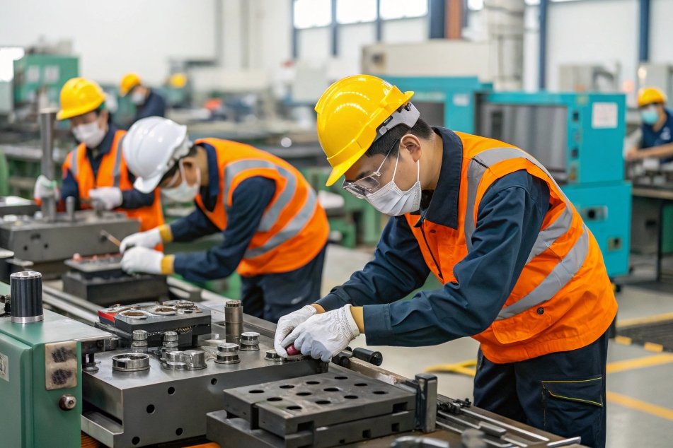 workers operating machinery in factory with tools and equipment