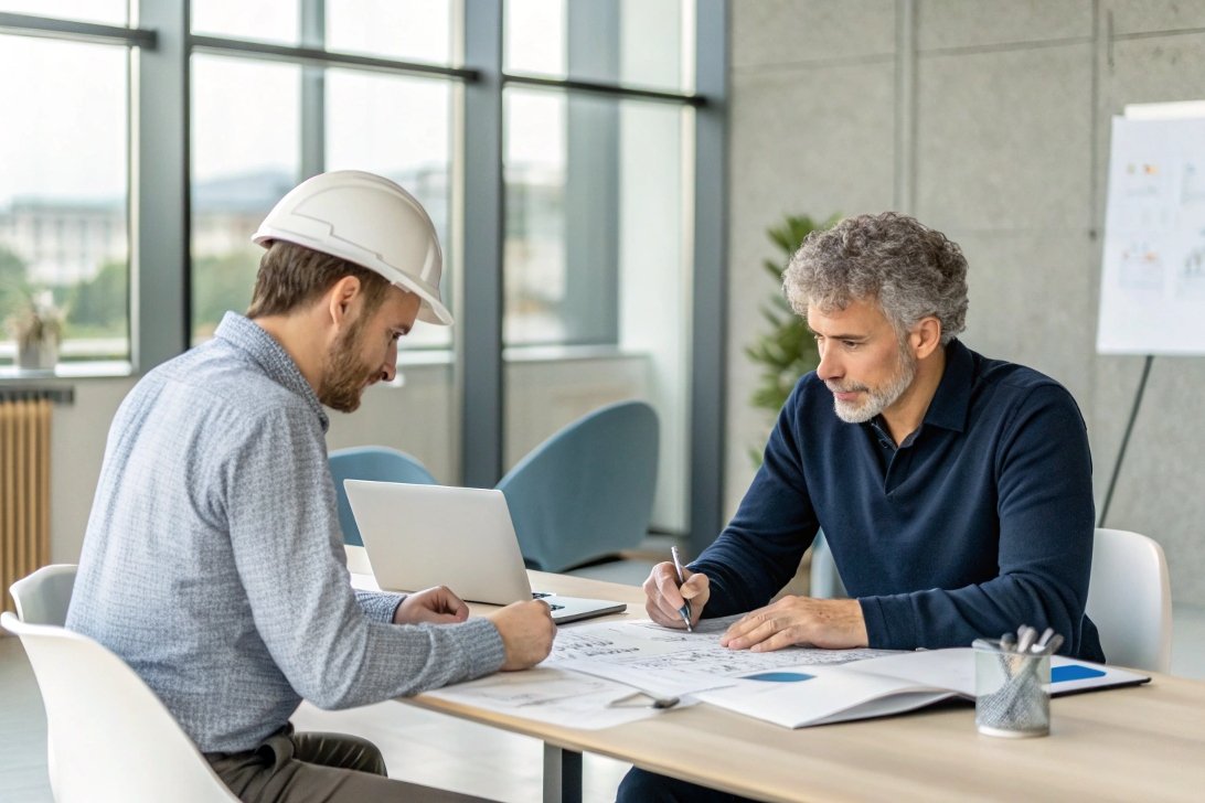 engineers discussing blueprints, planning work