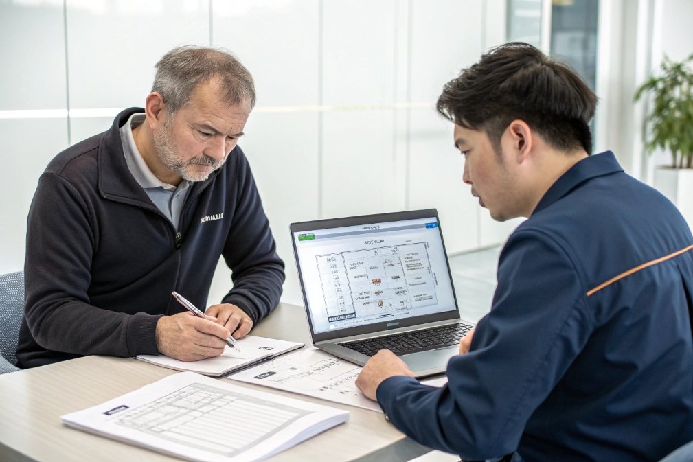 design, mechanical, engineers, plans Engineers reviewing mechanical design plans and computer models
