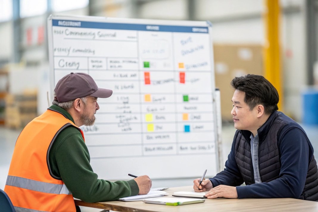 two workers discussing project plan in warehouse