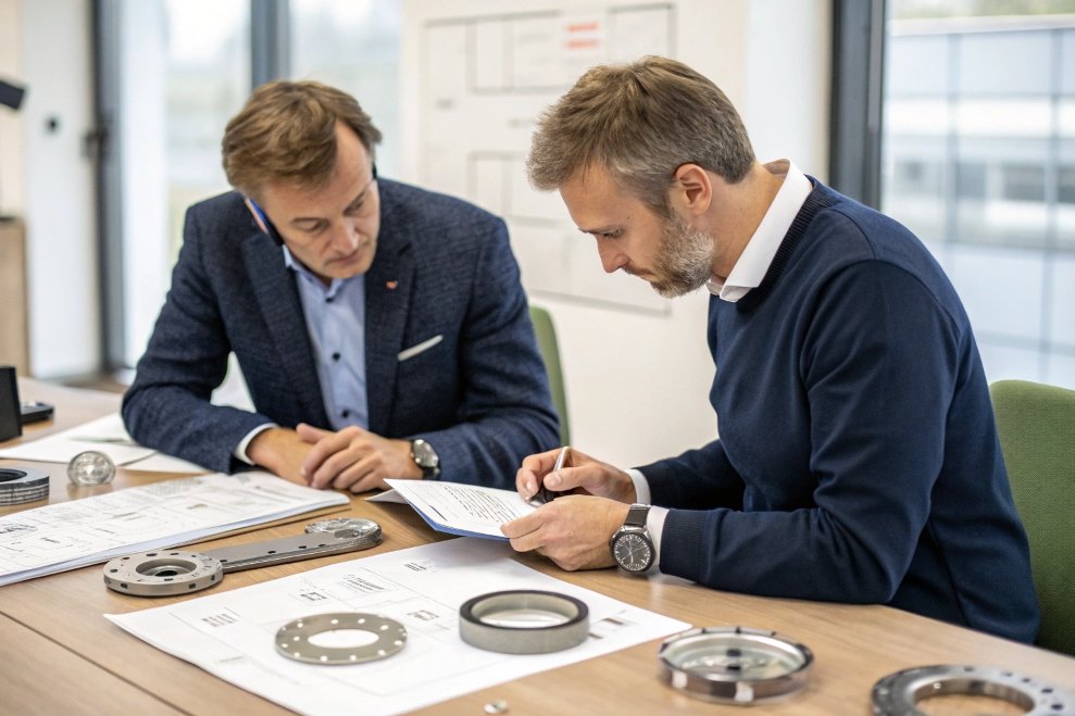 engineers discussing, reviewing project details in office