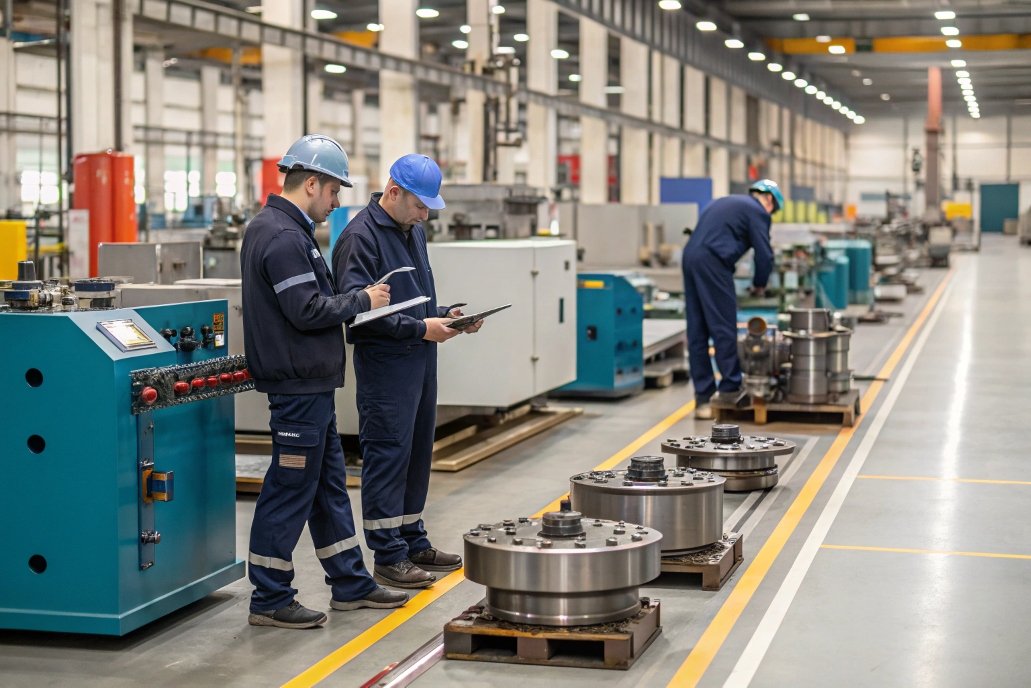 manufacturing inspection, workers checking parts on production line