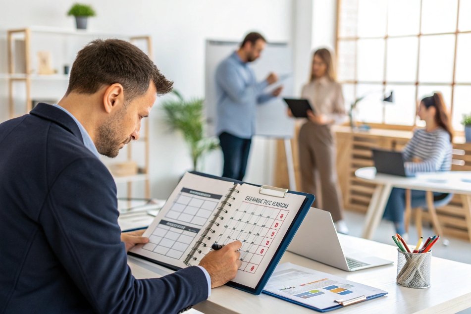 person checking calendar while colleagues collaborate in the background